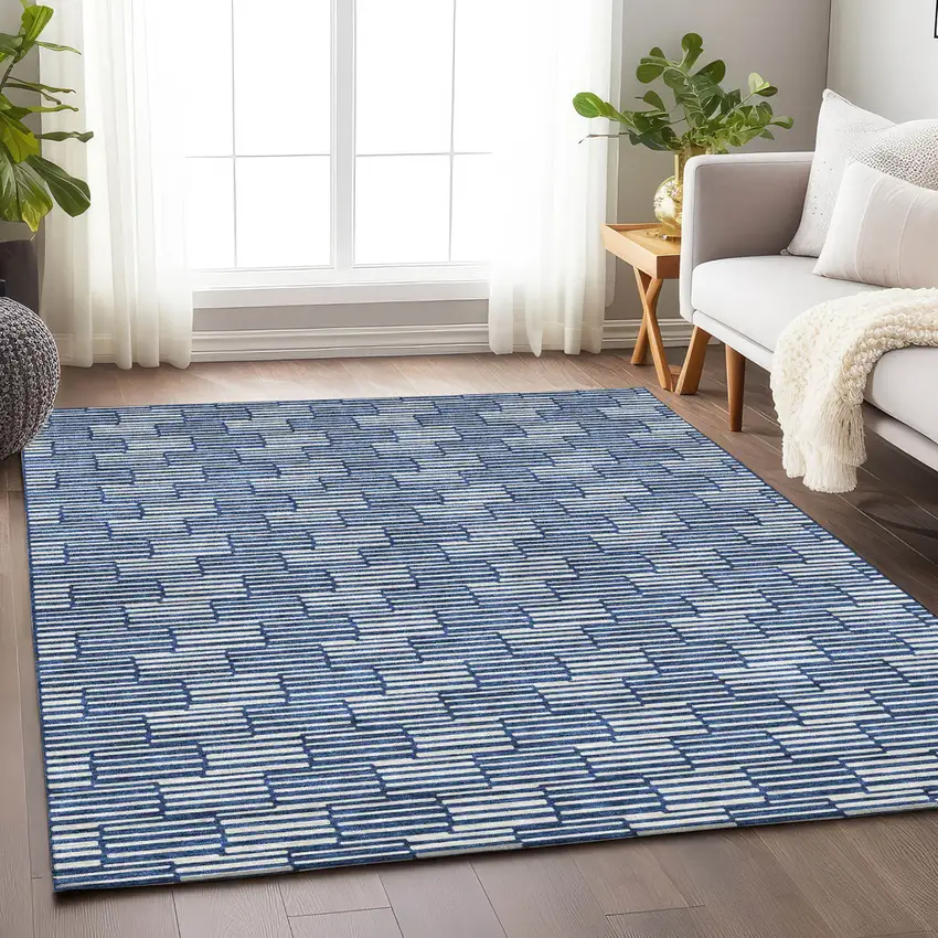 Navy Blue And Ivory Geometric Washable Indoor Outdoor Area Rug Photo 9