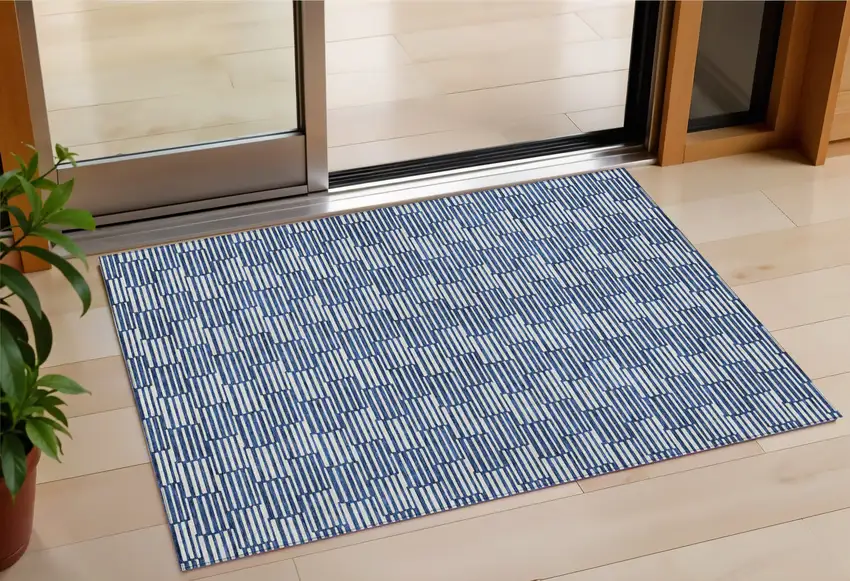 Navy Blue And Ivory Geometric Washable Indoor Outdoor Area Rug Photo 1