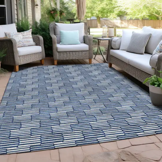 Navy Blue And Ivory Geometric Washable Indoor Outdoor Area Rug Photo 8