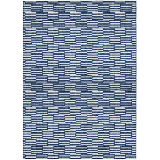 Navy Blue And Ivory Geometric Washable Indoor Outdoor Area Rug Photo 7