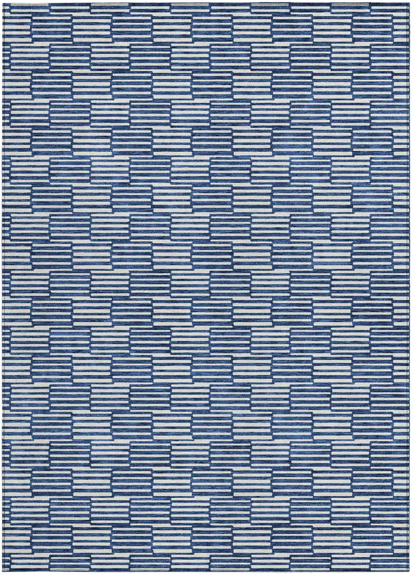 Navy Blue And Ivory Geometric Washable Indoor Outdoor Area Rug Photo 7
