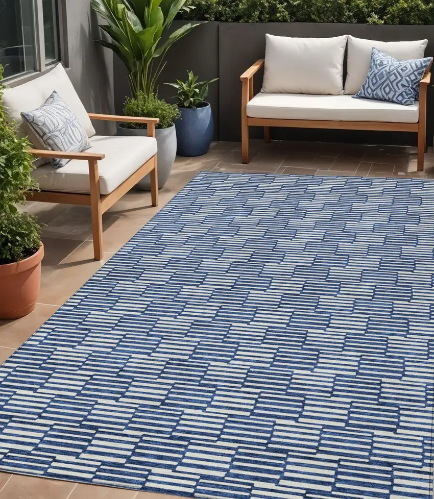 Navy Blue And Ivory Geometric Washable Indoor Outdoor Area Rug Photo 1