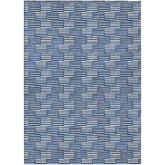 Navy Blue And Ivory Geometric Washable Indoor Outdoor Area Rug Photo 2