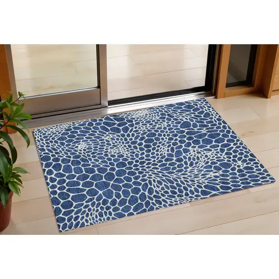 Navy Blue And Ivory Geometric Washable Indoor Outdoor Area Rug Photo 1