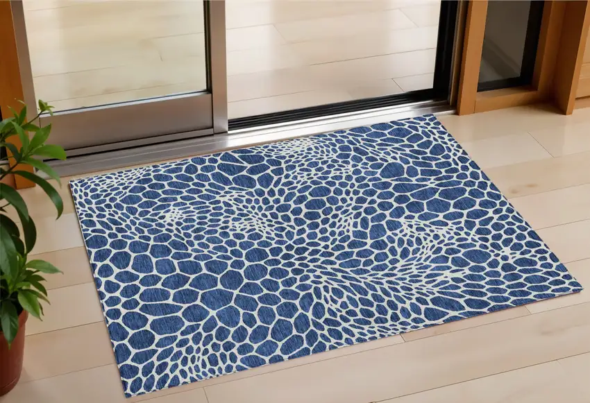 Navy Blue And Ivory Geometric Washable Indoor Outdoor Area Rug Photo 1
