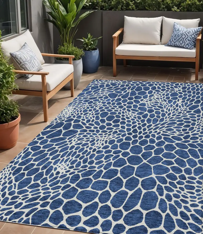 Navy Blue And Ivory Geometric Washable Indoor Outdoor Area Rug Photo 1