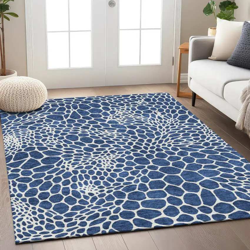 Navy Blue And Ivory Geometric Washable Indoor Outdoor Area Rug Photo 9