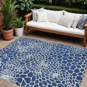 Photo of Navy Blue And Ivory Geometric Washable Indoor Outdoor Area Rug