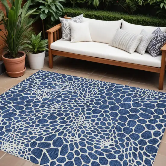 Navy Blue And Ivory Geometric Washable Indoor Outdoor Area Rug Photo 1