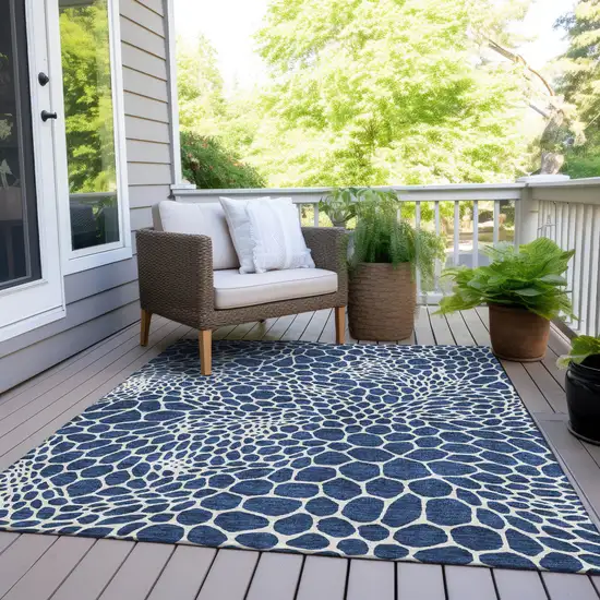 Navy Blue And Ivory Geometric Washable Indoor Outdoor Area Rug Photo 9