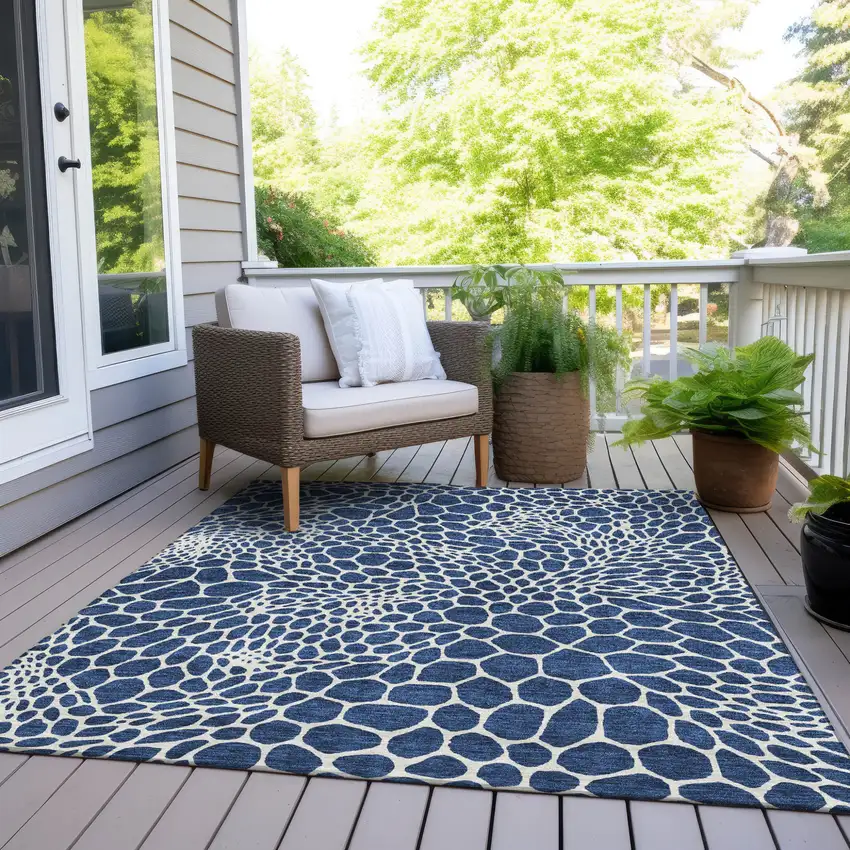Navy Blue And Ivory Geometric Washable Indoor Outdoor Area Rug Photo 9