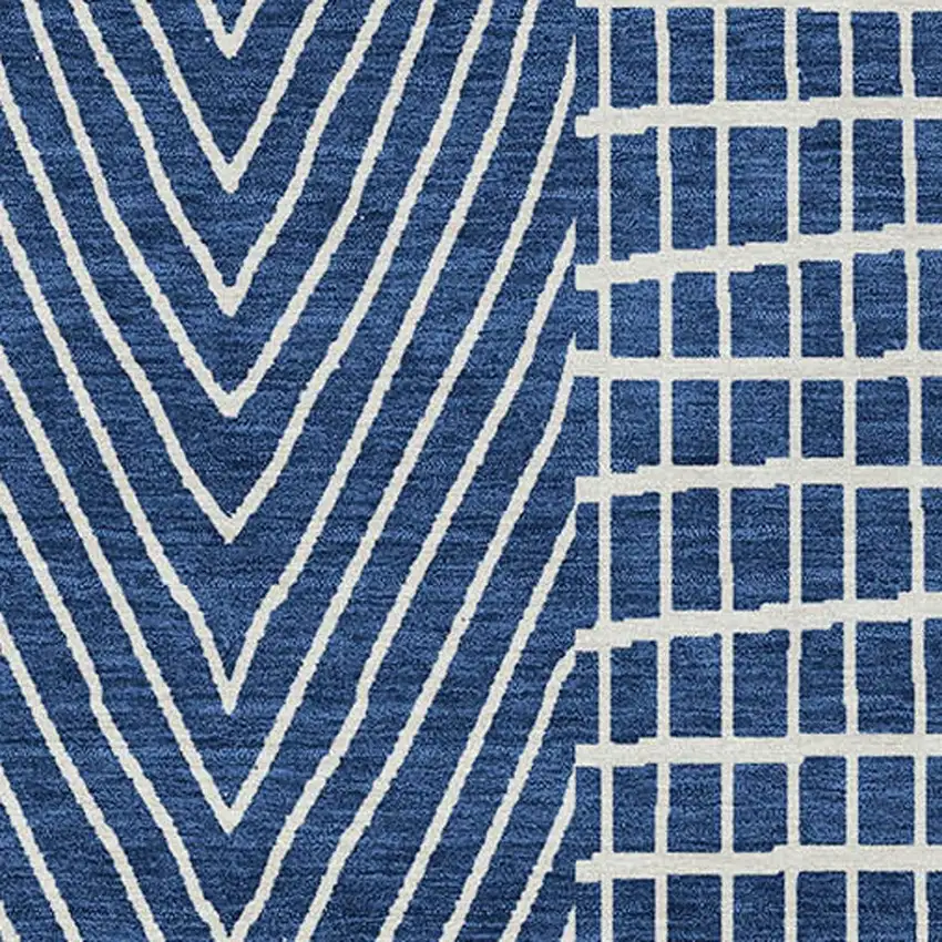 Navy Blue And Ivory Geometric Washable Indoor Outdoor Area Rug Photo 6