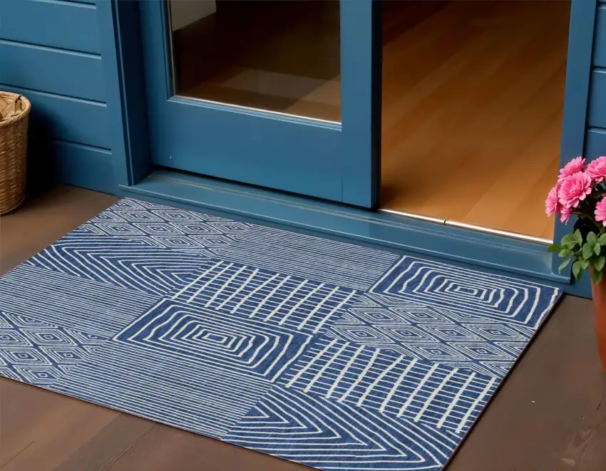 Navy Blue And Ivory Geometric Washable Indoor Outdoor Area Rug Photo 1