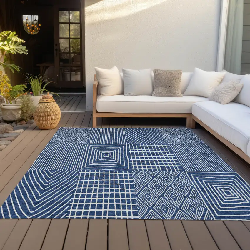 Navy Blue And Ivory Geometric Washable Indoor Outdoor Area Rug Photo 7