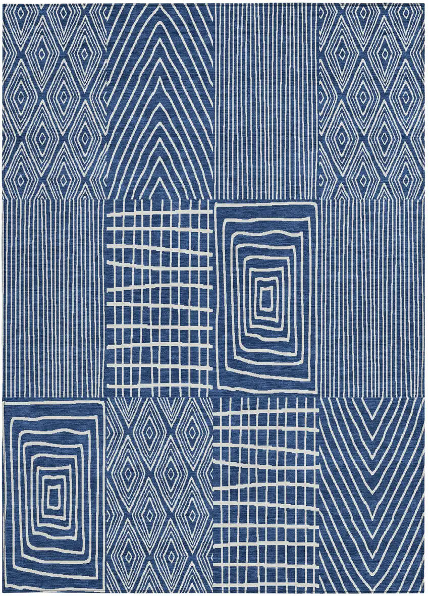 Navy Blue And Ivory Geometric Washable Indoor Outdoor Area Rug Photo 6