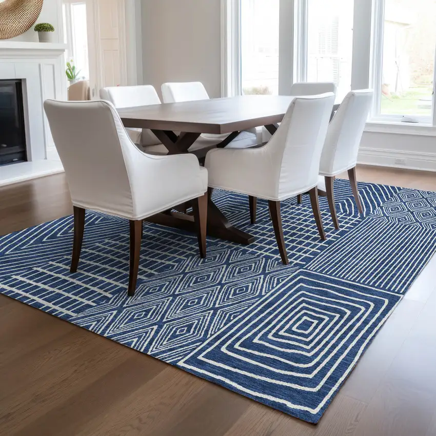 Navy Blue And Ivory Geometric Washable Indoor Outdoor Area Rug Photo 9