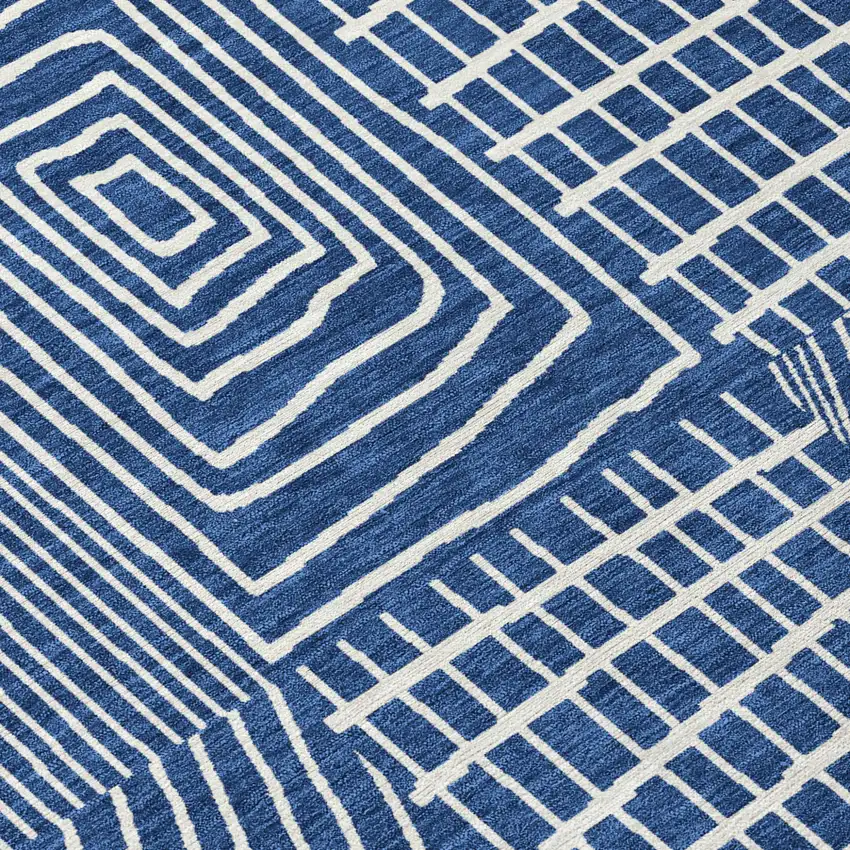 Navy Blue And Ivory Geometric Washable Indoor Outdoor Area Rug Photo 5