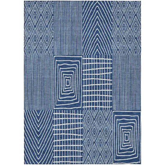 Navy Blue And Ivory Geometric Washable Indoor Outdoor Area Rug Photo 2