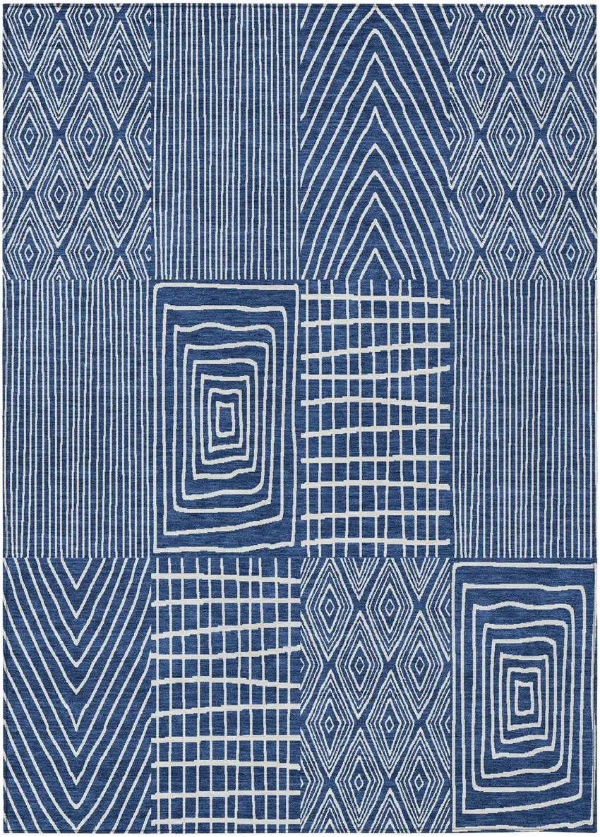 Navy Blue And Ivory Geometric Washable Indoor Outdoor Area Rug Photo 2