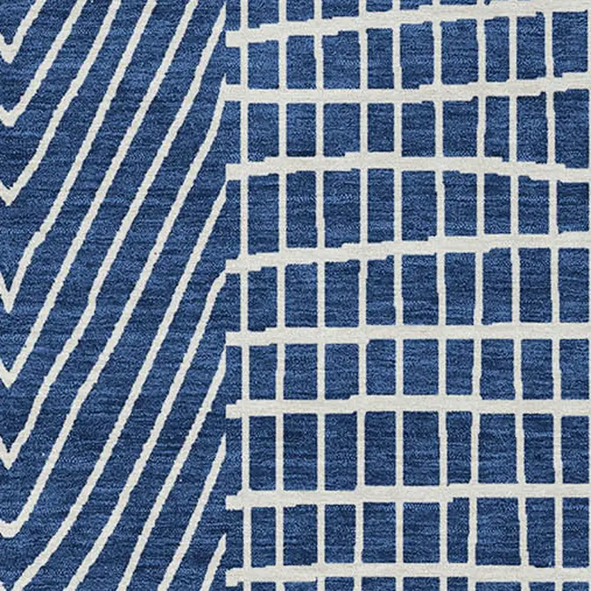 Navy Blue And Ivory Geometric Washable Indoor Outdoor Area Rug Photo 6
