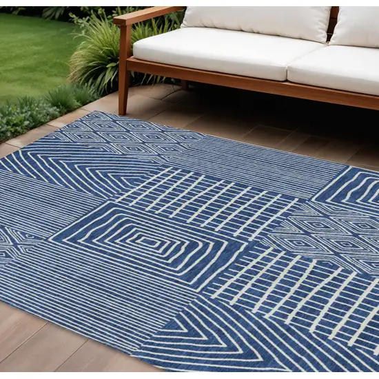 Navy Blue And Ivory Geometric Washable Indoor Outdoor Area Rug Photo 1
