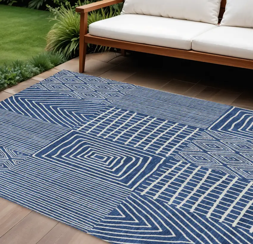 Navy Blue And Ivory Geometric Washable Indoor Outdoor Area Rug Photo 1