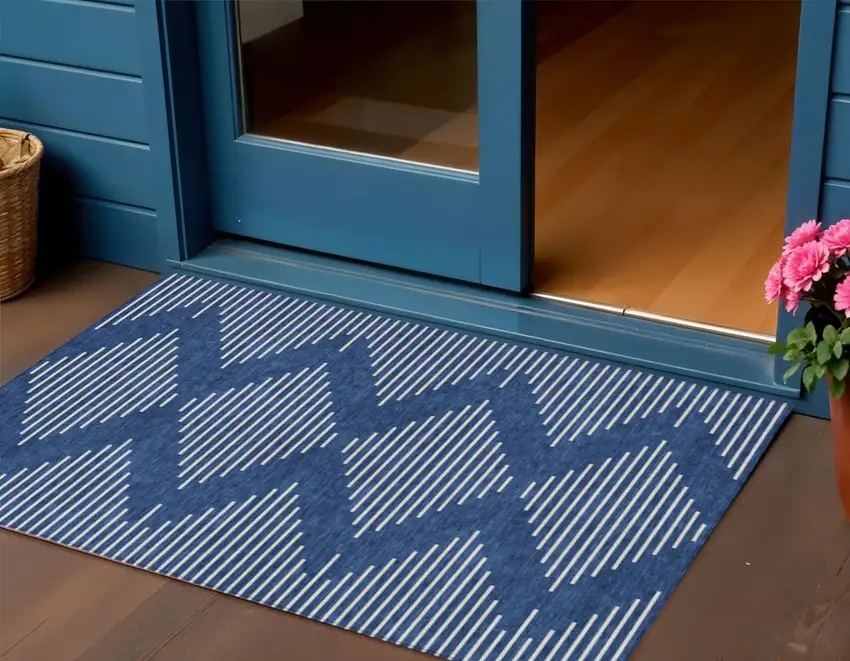 Navy Blue And Ivory Geometric Washable Indoor Outdoor Area Rug Photo 1