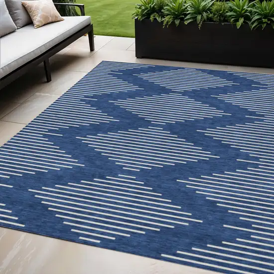 Navy Blue And Ivory Geometric Washable Indoor Outdoor Area Rug Photo 1