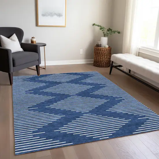 Navy Blue And Ivory Geometric Washable Indoor Outdoor Area Rug Photo 9
