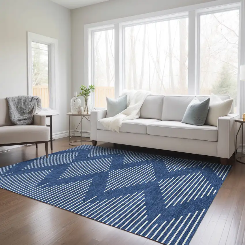 Navy Blue And Ivory Geometric Washable Indoor Outdoor Area Rug Photo 9