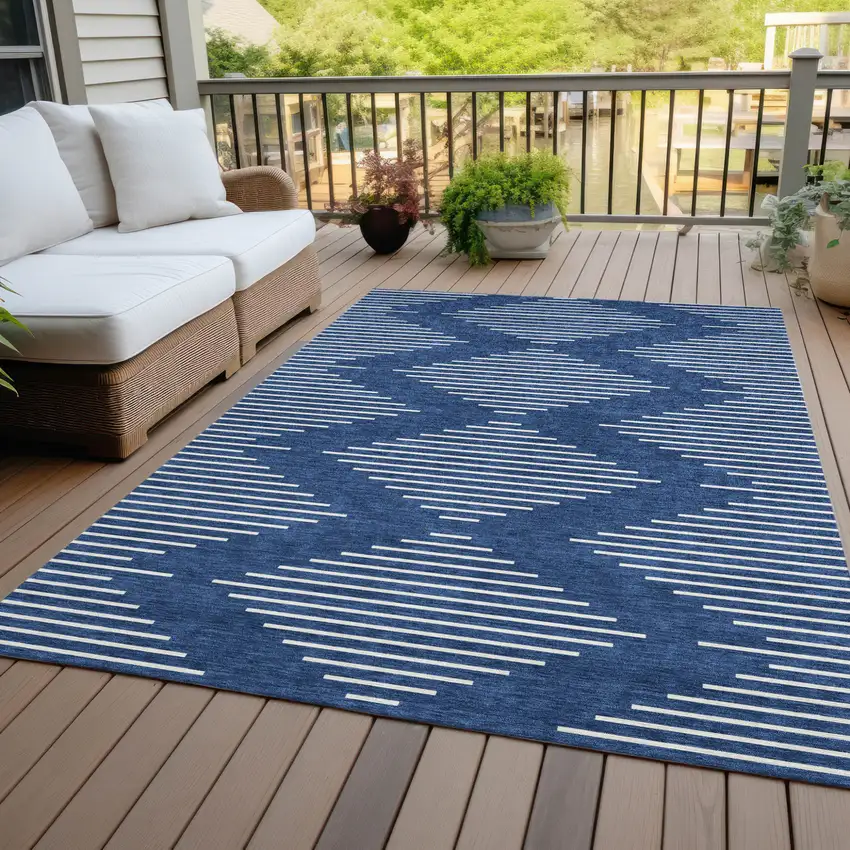 Navy Blue And Ivory Geometric Washable Indoor Outdoor Area Rug Photo 8