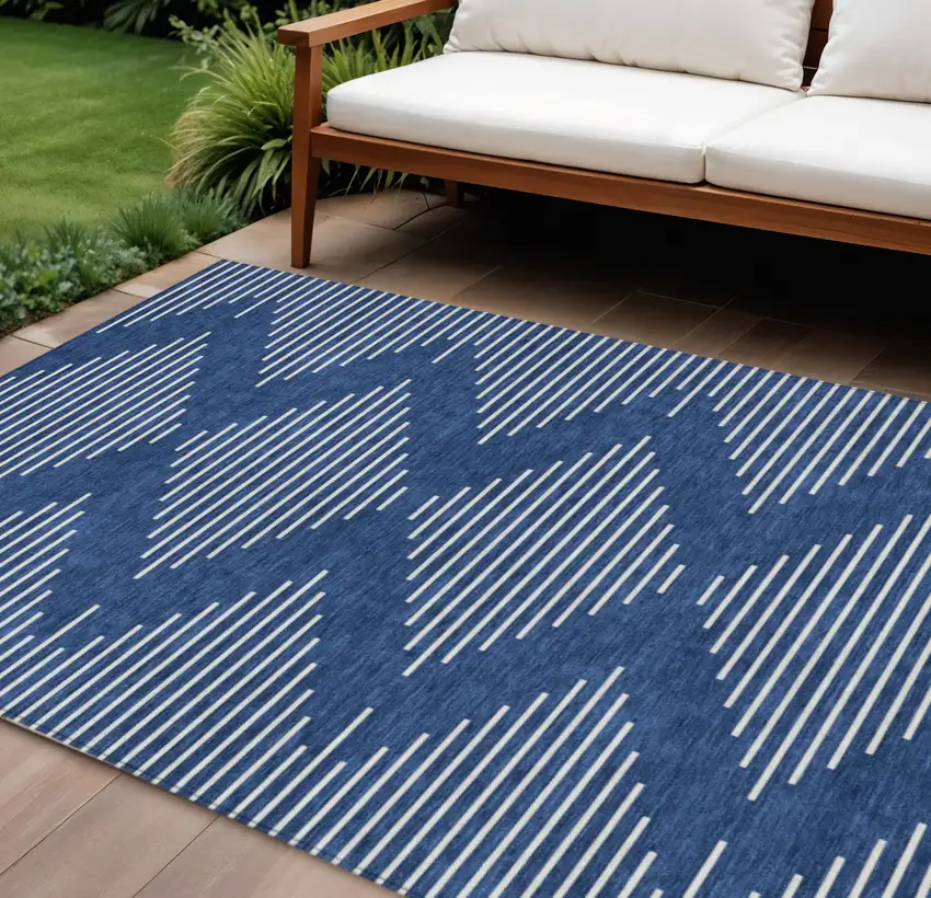 Navy Blue And Ivory Geometric Washable Indoor Outdoor Area Rug Photo 1