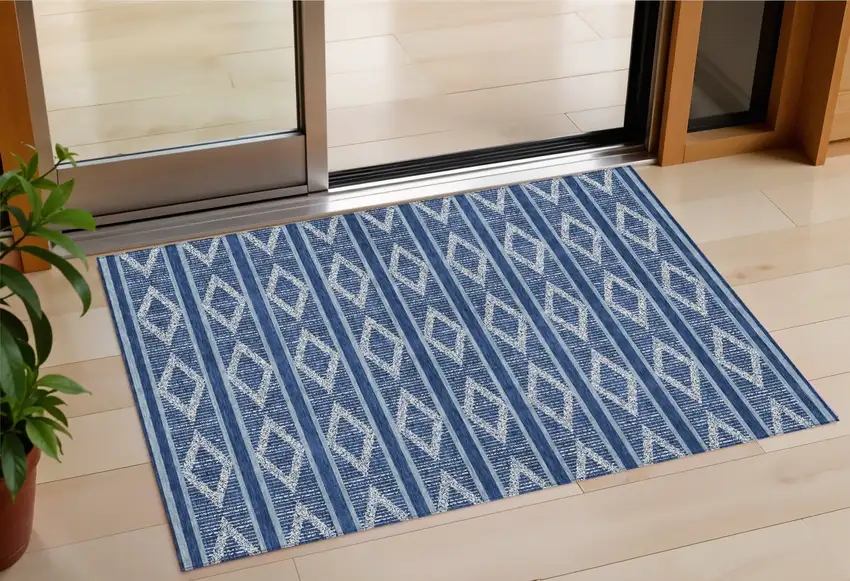 Navy Blue And Ivory Geometric Washable Indoor Outdoor Area Rug Photo 1