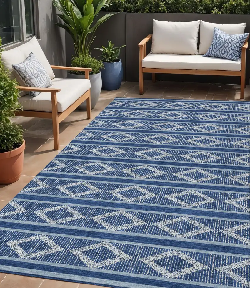 Navy Blue And Ivory Geometric Washable Indoor Outdoor Area Rug Photo 1