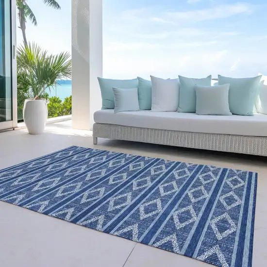 Navy Blue And Ivory Geometric Washable Indoor Outdoor Area Rug Photo 9