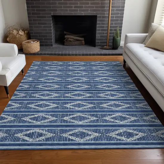 Navy Blue And Ivory Geometric Washable Indoor Outdoor Area Rug Photo 9