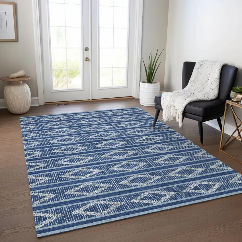 Navy Blue And Ivory Geometric Washable Indoor Outdoor Area Rug Photo 8