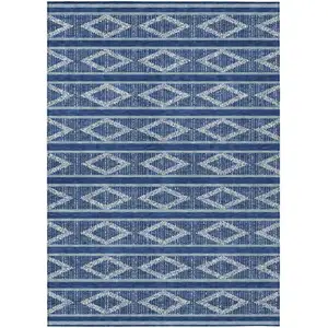 Photo of Navy Blue And Ivory Geometric Washable Indoor Outdoor Area Rug
