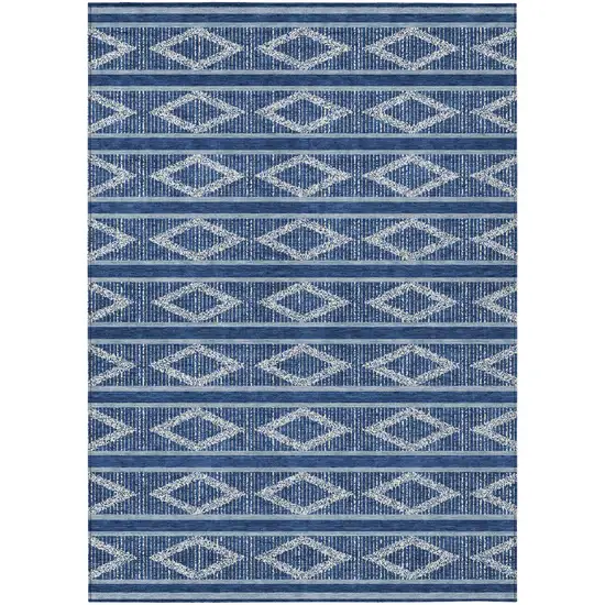 Navy Blue And Ivory Geometric Washable Indoor Outdoor Area Rug Photo 2
