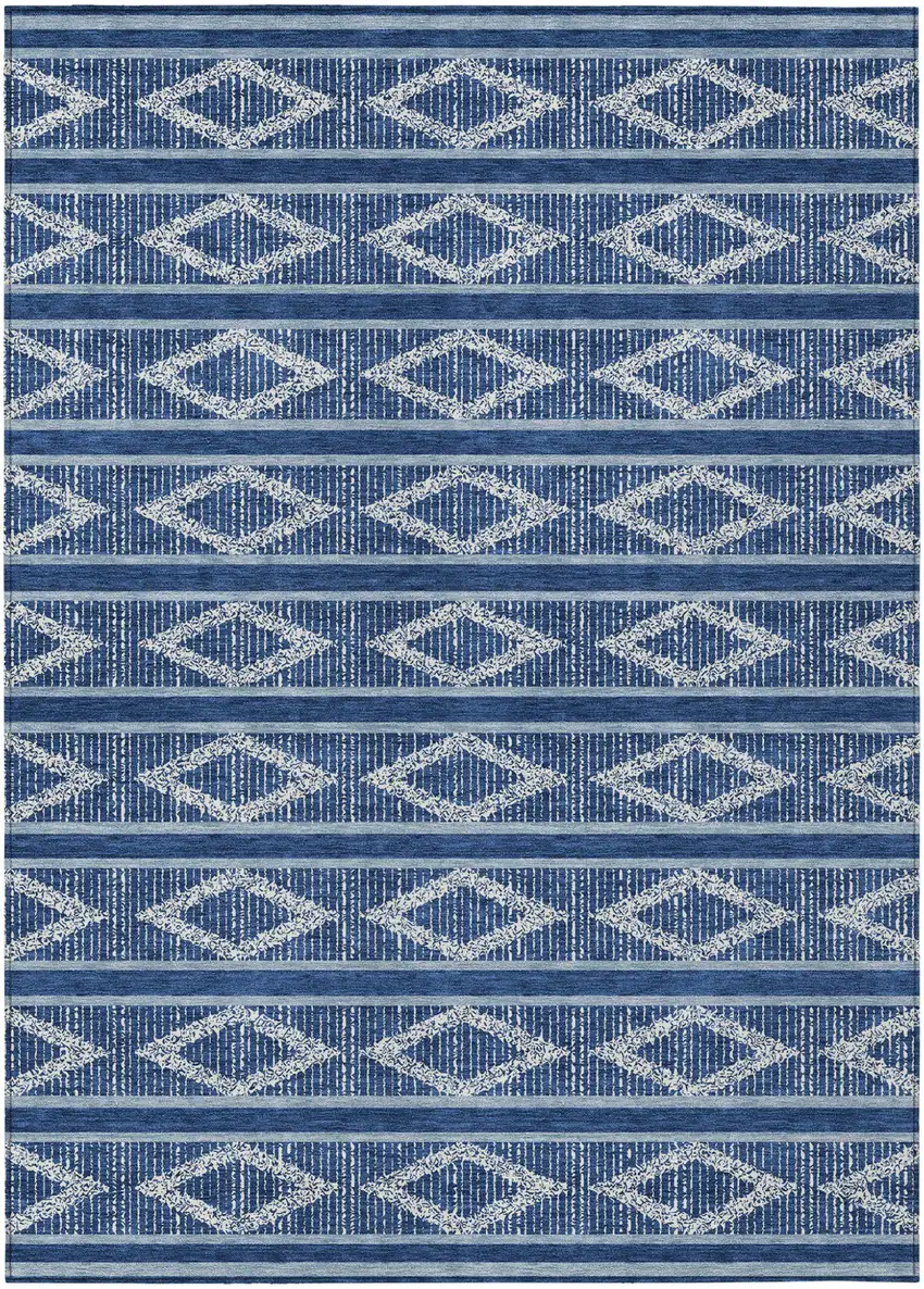 Navy Blue And Ivory Geometric Washable Indoor Outdoor Area Rug Photo 2