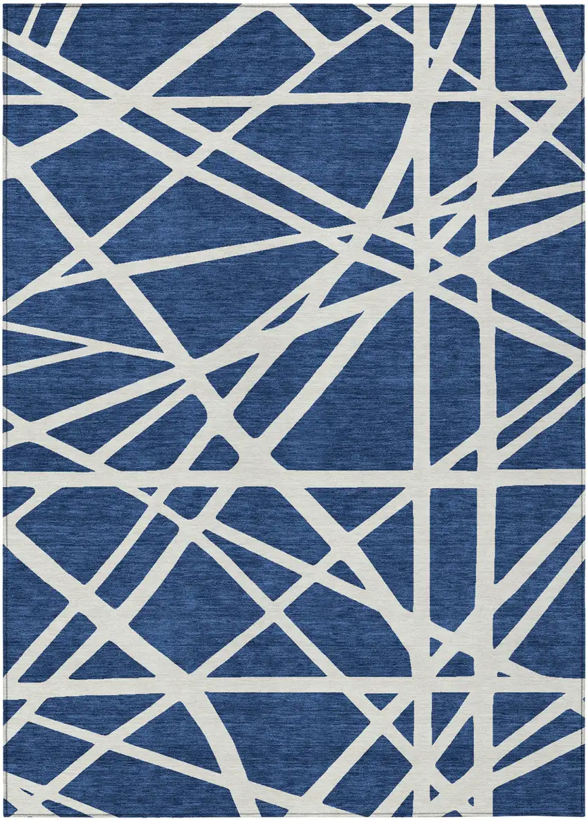 Navy Blue And Ivory Geometric Washable Indoor Outdoor Area Rug Photo 2