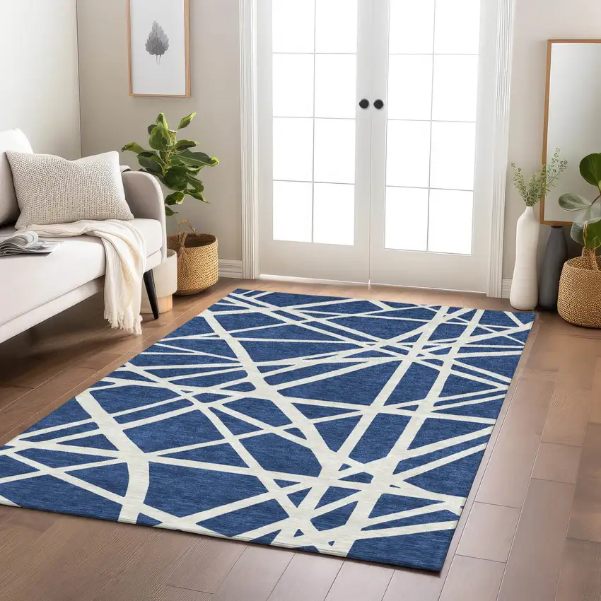 Navy Blue And Ivory Geometric Washable Indoor Outdoor Area Rug Photo 9