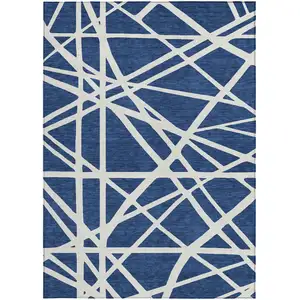 Photo of Navy Blue And Ivory Geometric Washable Indoor Outdoor Area Rug