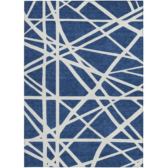 Navy Blue And Ivory Geometric Washable Indoor Outdoor Area Rug Photo 6