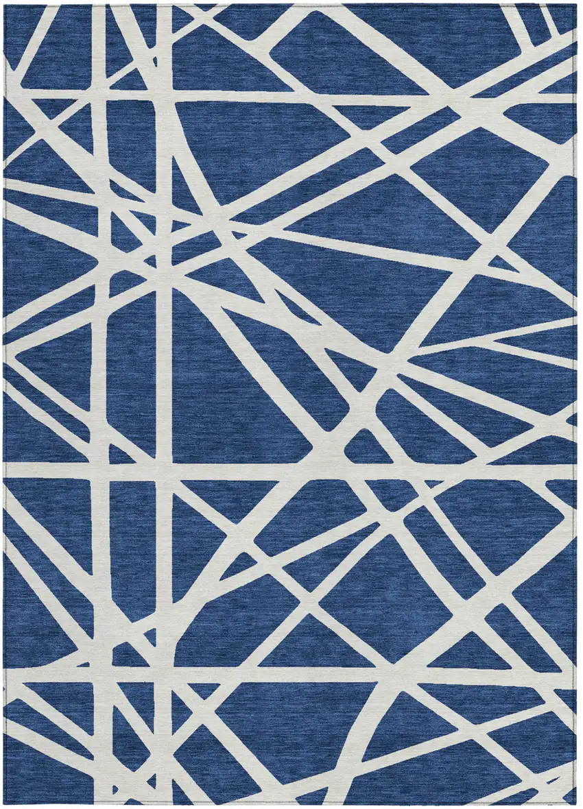 Navy Blue And Ivory Geometric Washable Indoor Outdoor Area Rug Photo 6