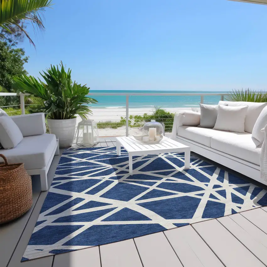 Navy Blue And Ivory Geometric Washable Indoor Outdoor Area Rug Photo 9