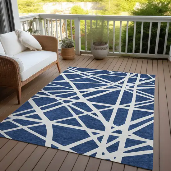 Navy Blue And Ivory Geometric Washable Indoor Outdoor Area Rug Photo 7