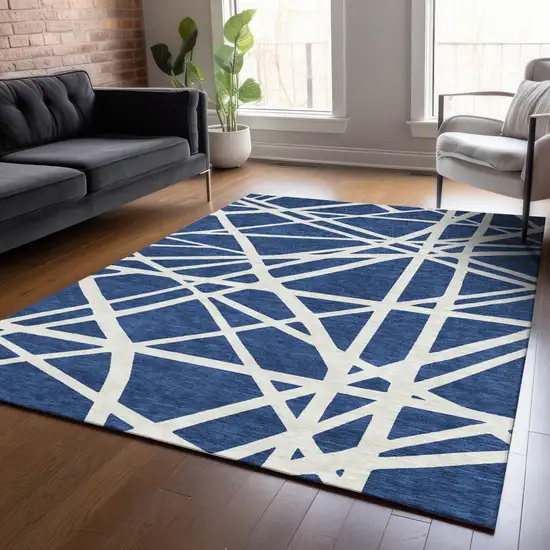 Navy Blue And Ivory Geometric Washable Indoor Outdoor Area Rug Photo 8