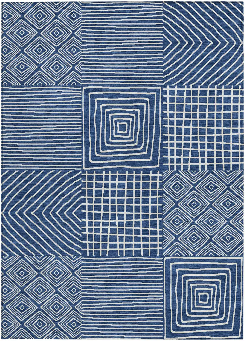 Navy Blue And Ivory Geometric Washable Indoor Outdoor Area Rug Photo 7
