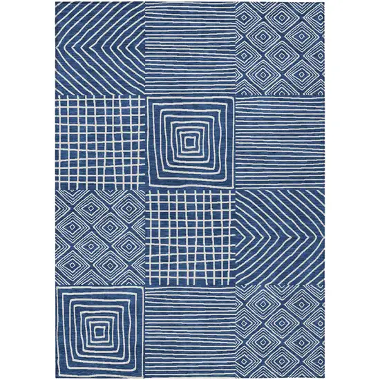Navy Blue And Ivory Geometric Washable Indoor Outdoor Area Rug Photo 2